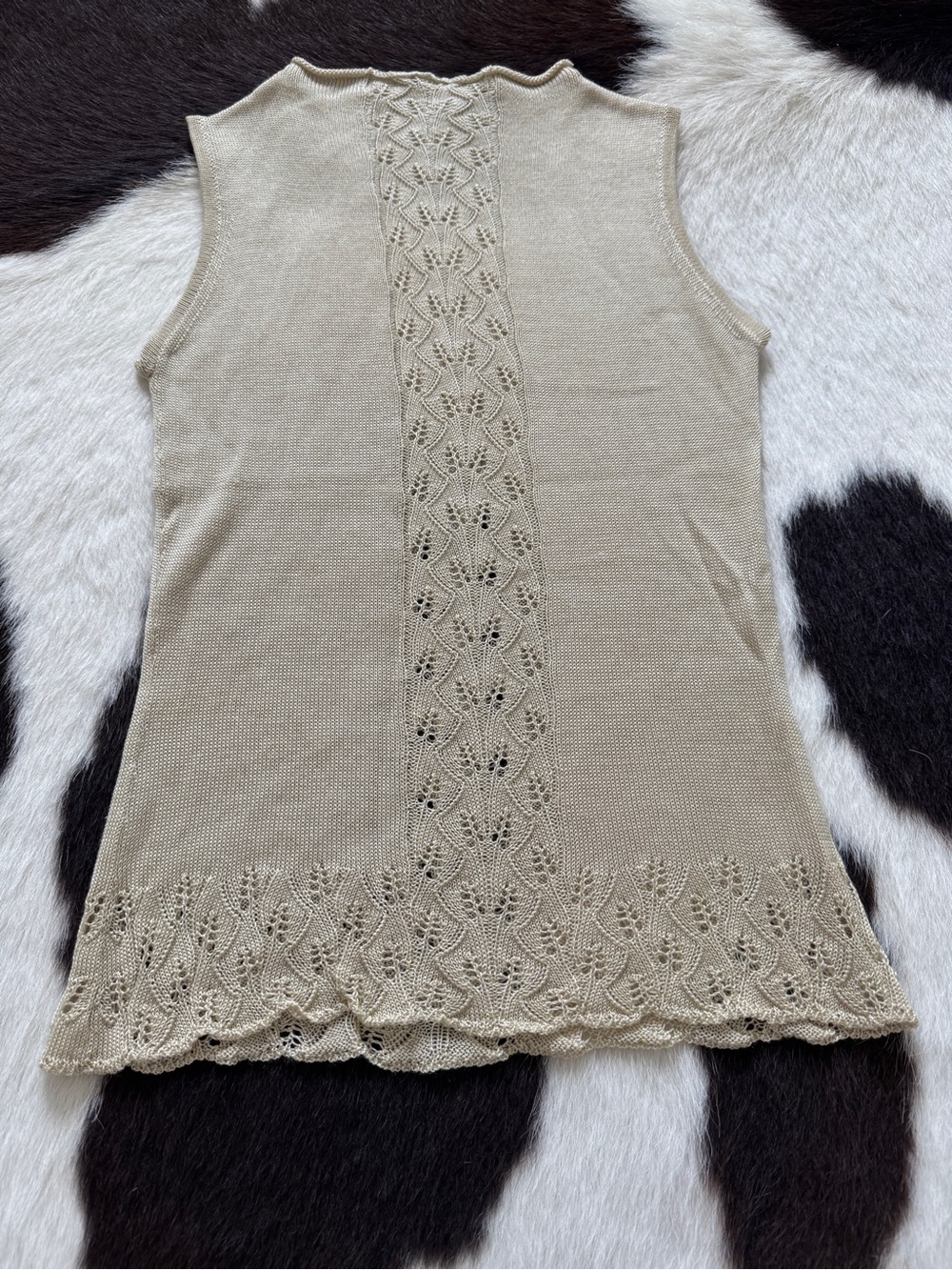 Beige Floral Pointelle Knit Sleeveless Tunic Top Scalloped Hem